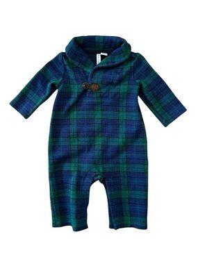 Janie and Jack Green and Navy Plaid Shawl-Collar One-Piece